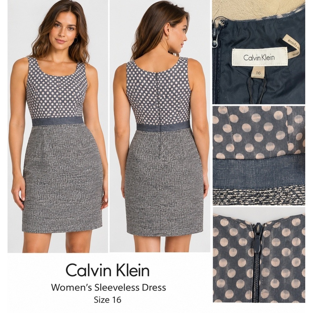 Calvin Klein Womens Polka Dot Tweed Sleeveless Sheath Dress Blue Grey Size 16